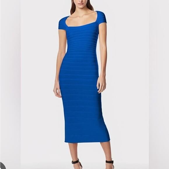 Hervé Léger Paris Cap Sleeve Bandage Midi Dress Royal Blue Back Zip Size L NWT - Picture 1 of 10